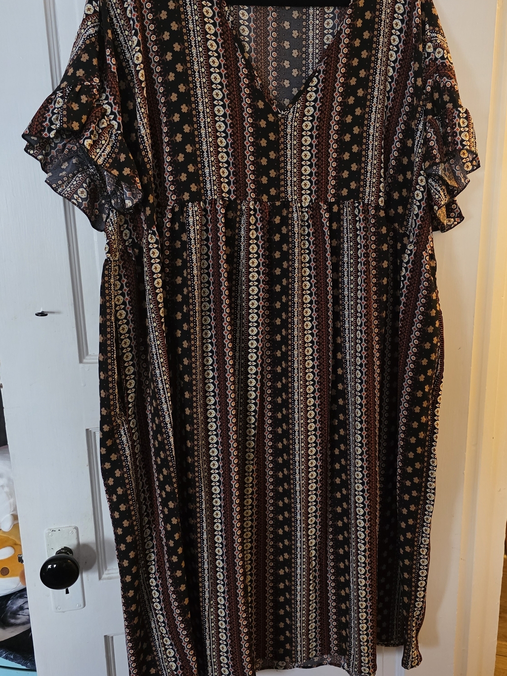 BloomChic Black Multi-Stripe Midi Dress with Rust and Cream Accents